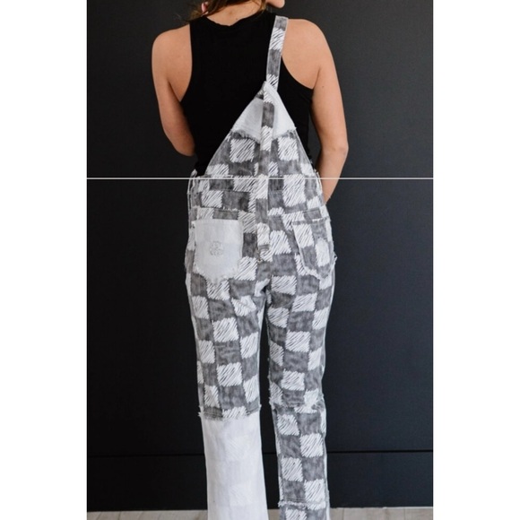POL Black & White Checkerboard Distressed Overalls Premium Denim - Picture 10 of 13